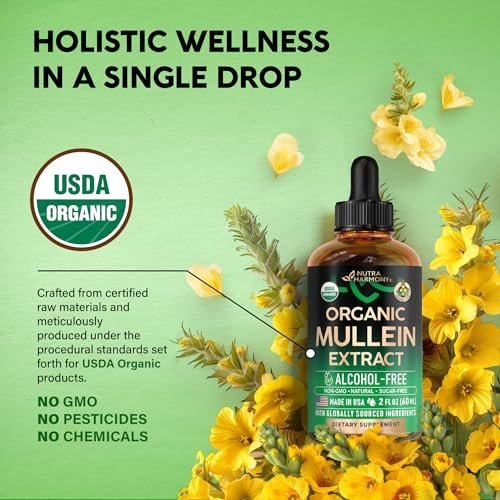 Mullein Drops für die Lunge - USDA Bio Flüssig - Mullein Blattextrakt für Frauen & Männer - Lungen- & Bronchialreinigung für Raucher - Unterstützung der Atemwegsgesundheit - als Tinktur, Tee, Pillen - 60 ml