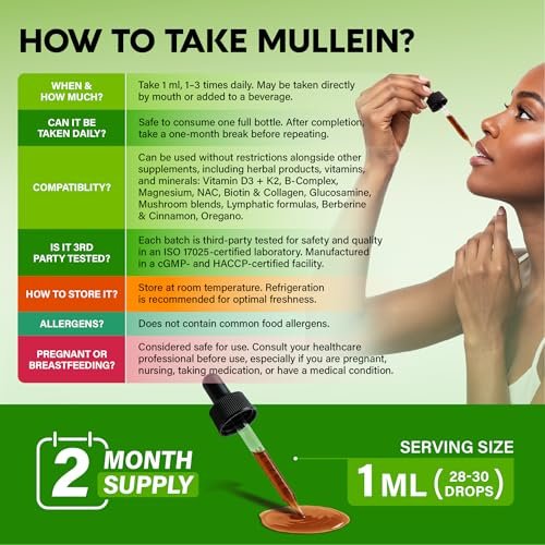 Mullein Drops für die Lunge - USDA Bio Flüssig - Mullein Blattextrakt für Frauen & Männer - Lungen- & Bronchialreinigung für Raucher - Unterstützung der Atemwegsgesundheit - als Tinktur, Tee, Pillen - 60 ml