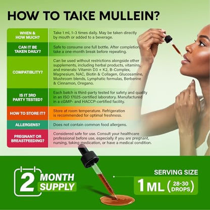 Mullein Drops für die Lunge - USDA Bio Flüssig - Mullein Blattextrakt für Frauen & Männer - Lungen- & Bronchialreinigung für Raucher - Unterstützung der Atemwegsgesundheit - als Tinktur, Tee, Pillen - 60 ml