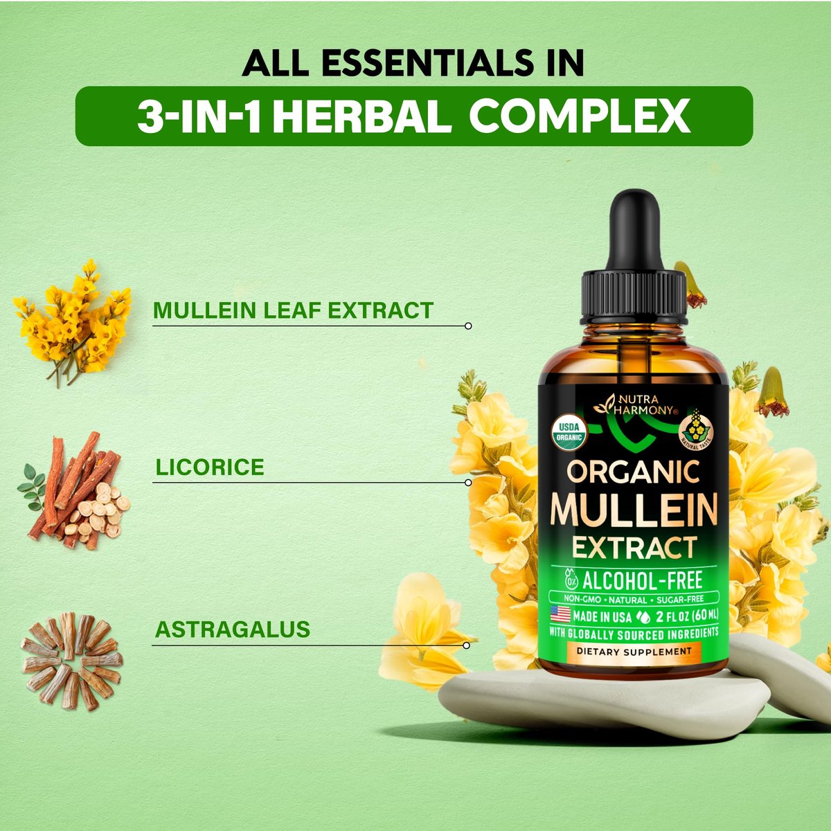 Mullein Drops für die Lunge - USDA Bio Flüssig - Mullein Blattextrakt für Frauen & Männer - Lungen- & Bronchialreinigung für Raucher - Unterstützung der Atemwegsgesundheit - als Tinktur, Tee, Pillen - 60 ml
