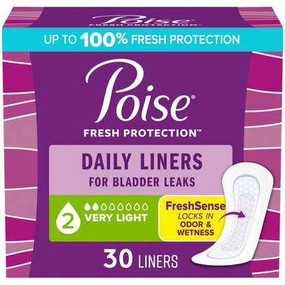 Poise Daily Liners – Inkontinenz Slipeinlagen bei Blasenschwäche, 2 Tropfen sehr leichte Saugstärke, Normalgröße, 30 Stück, Verpackung kann variieren