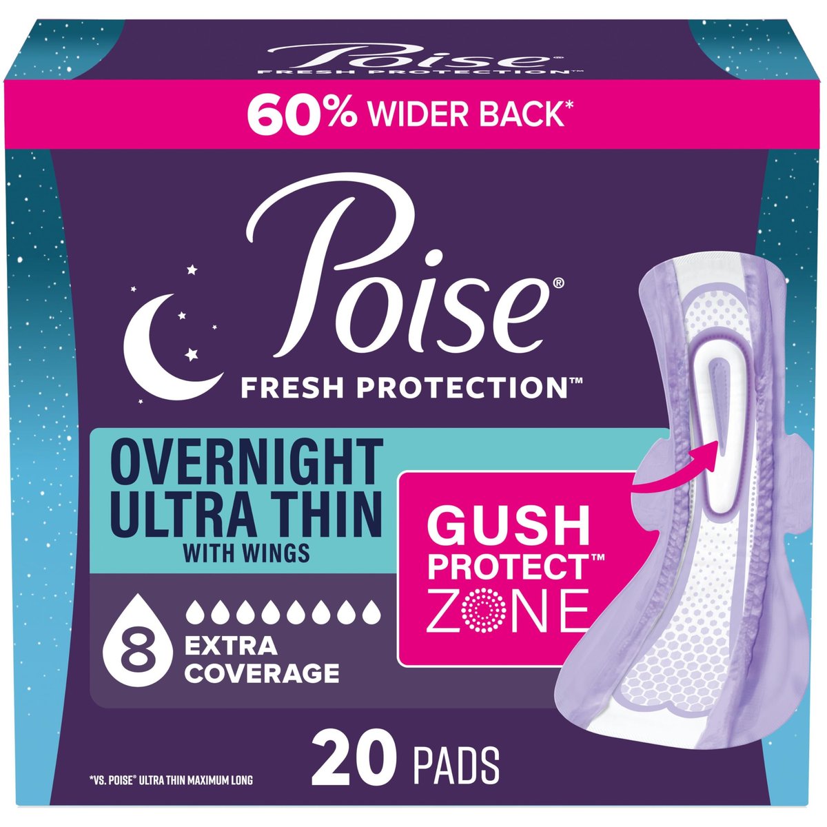 Poise Overnight Ultra Thin Inkontinenz- & Wochenbett-Einlagen mit Flügeln bei Blasenschwäche, 8 Tropfen Extra Saugfähig, Lange Länge, 20 Stück
