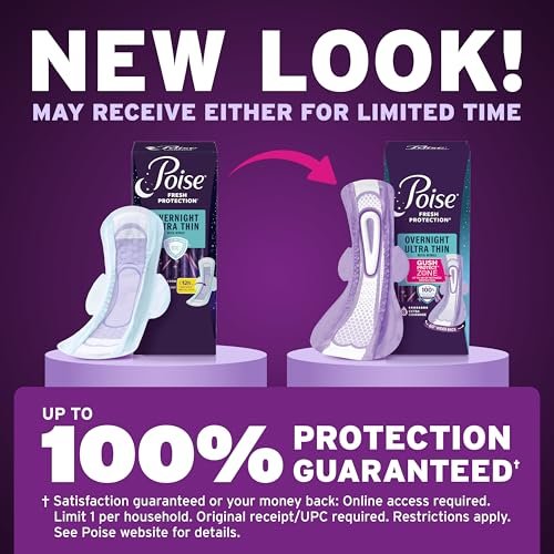 Poise Overnight Ultra Thin Inkontinenz- & Wochenbett-Einlagen mit Flügeln bei Blasenschwäche, 8 Tropfen Extra Saugfähig, Lange Länge, 20 Stück