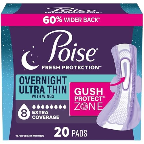 Poise Overnight Ultra Thin Inkontinenz- & Wochenbett-Einlagen mit Flügeln bei Blasenschwäche, 8 Tropfen Extra Saugfähig, Lange Länge, 20 Stück