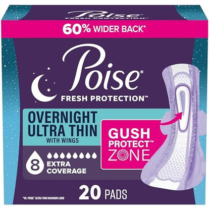 Poise Overnight Ultra Thin Inkontinenz- & Wochenbett-Einlagen mit Flügeln bei Blasenschwäche, 8 Tropfen Extra Saugfähig, Lange Länge, 20 Stück
