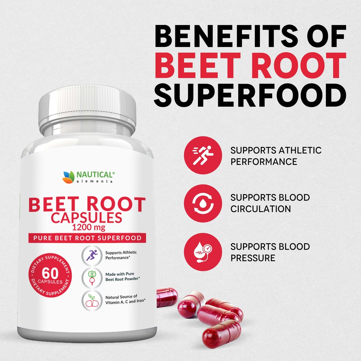 Rote Bete Kapseln - 1200 mg pro Portion - 60 Kapseln - Rote Bete Pulver unterstützt Blutdruck, sportliche Leistung, Verdauung, Immunsystem (rein, nicht gentechnisch verändert & glutenfrei)