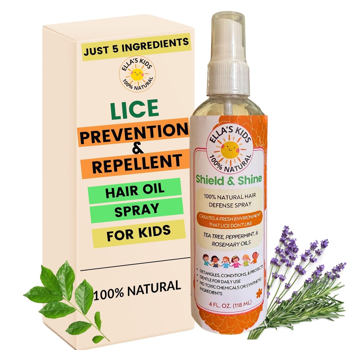 Natürliches Läuse-Präventions- und Repellent-Haarölspray für Kinderhaar – mit ätherischen Ölen, entwirrt und pflegt, nur 5 Öl-Inhaltsstoffe – Teebaum-, Rosmarin- und Lavendelöl von Ella’s Kids