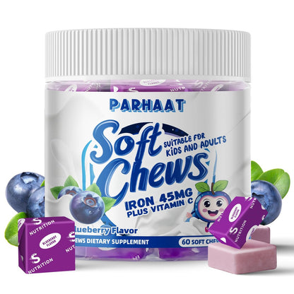 Parhaat Eisen Weichkautabletten mit Vitamin C | Blaubeergeschmack | Glutenfrei | Eisenpräparat für Frauen, Männer und Kinder | 60 Tabletten | 2 Monatsvorrat