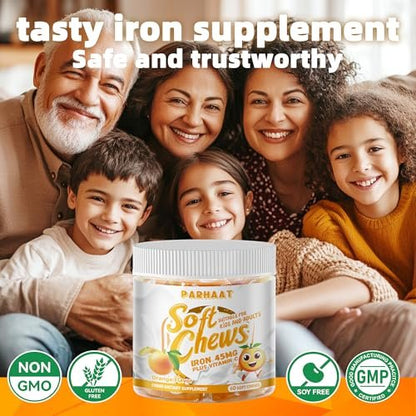 Eisen Soft Chew Supplement mit Vitamin C | Orangen-Geschmack | Glutenfrei | Eisenpräparat für Frauen, Männer und Kinder | 60 Stück | 2-Monats-Vorrat