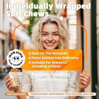 Eisen Soft Chew Supplement mit Vitamin C | Orangen-Geschmack | Glutenfrei | Eisenpräparat für Frauen, Männer und Kinder | 60 Stück | 2-Monats-Vorrat