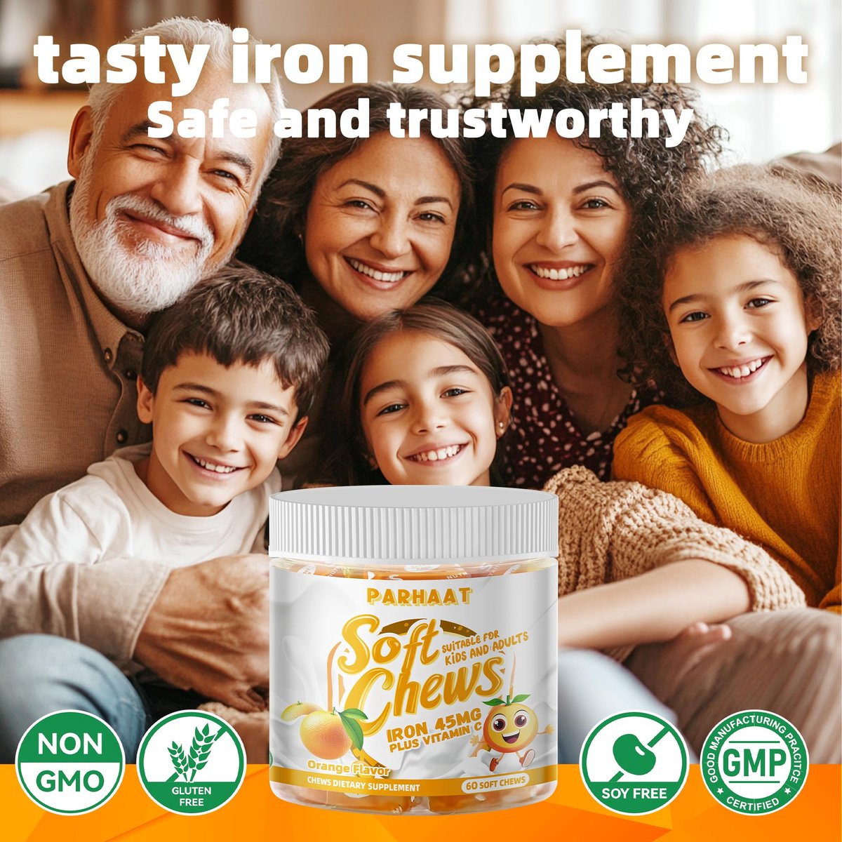 Eisen Soft Chew Supplement mit Vitamin C | Orangen-Geschmack | Glutenfrei | Eisenpräparat für Frauen, Männer und Kinder | 60 Stück | 2-Monats-Vorrat