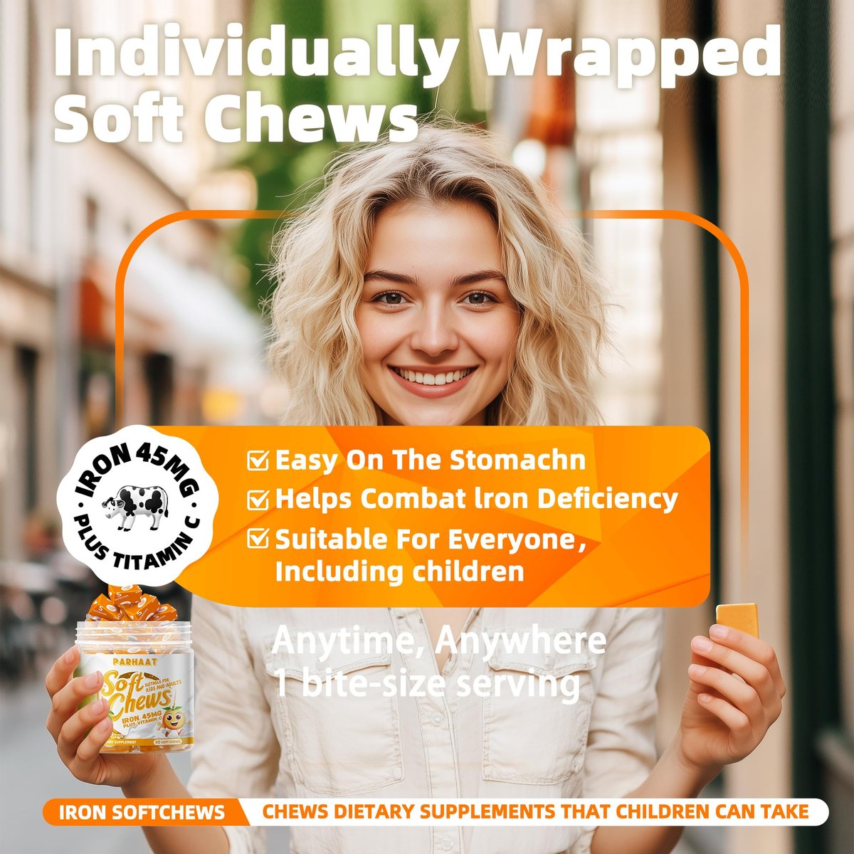 Eisen Soft Chew Supplement mit Vitamin C | Orangen-Geschmack | Glutenfrei | Eisenpräparat für Frauen, Männer und Kinder | 60 Stück | 2-Monats-Vorrat
