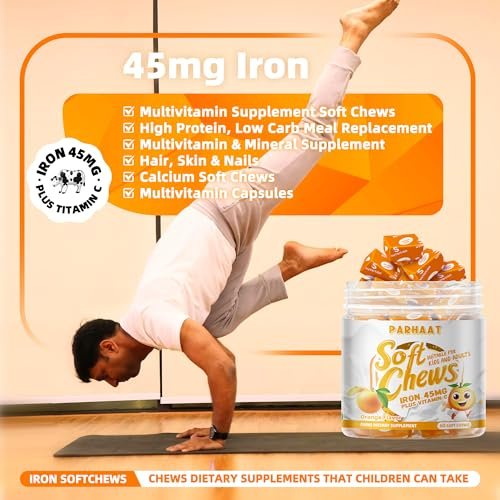 Eisen Soft Chew Supplement mit Vitamin C | Orangen-Geschmack | Glutenfrei | Eisenpräparat für Frauen, Männer und Kinder | 60 Stück | 2-Monats-Vorrat
