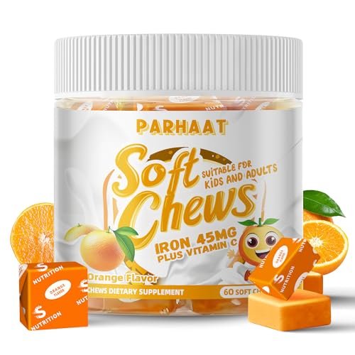 Eisen Soft Chew Supplement mit Vitamin C | Orangen-Geschmack | Glutenfrei | Eisenpräparat für Frauen, Männer und Kinder | 60 Stück | 2-Monats-Vorrat