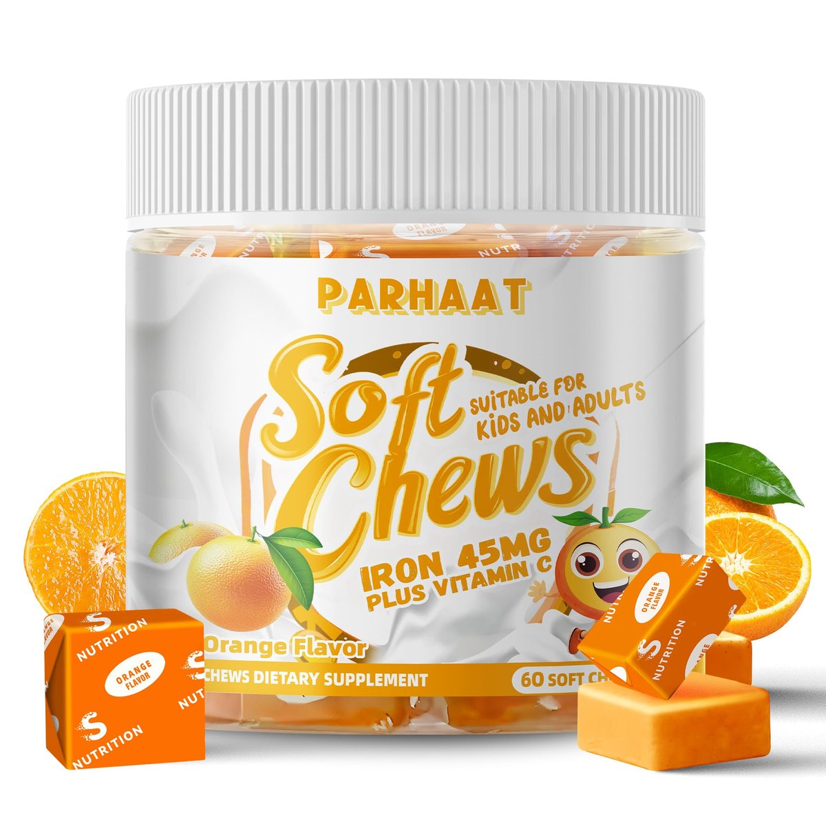 Eisen Soft Chew Supplement mit Vitamin C | Orangen-Geschmack | Glutenfrei | Eisenpräparat für Frauen, Männer und Kinder | 60 Stück | 2-Monats-Vorrat