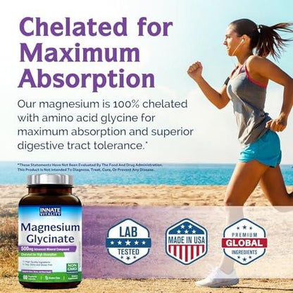 Innate Vitality Magnesium Glycinat 500mg | 70mg Elementares Magnesium – Hochabsorbierend, nicht gepuffert, vegan, 60 Kapseln