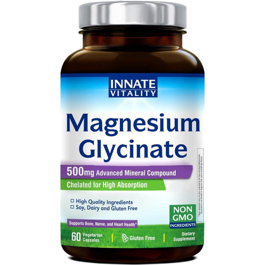 Innate Vitality Magnesium Glycinat 500mg | 70mg Elementares Magnesium – Hochabsorbierend, nicht gepuffert, vegan, 60 Kapseln