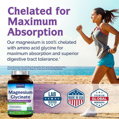 Innate Vitality Magnesium Glycinat 500mg | 70mg Elementares Magnesium – Hochabsorbierend, nicht gepuffert, vegan, 60 Kapseln