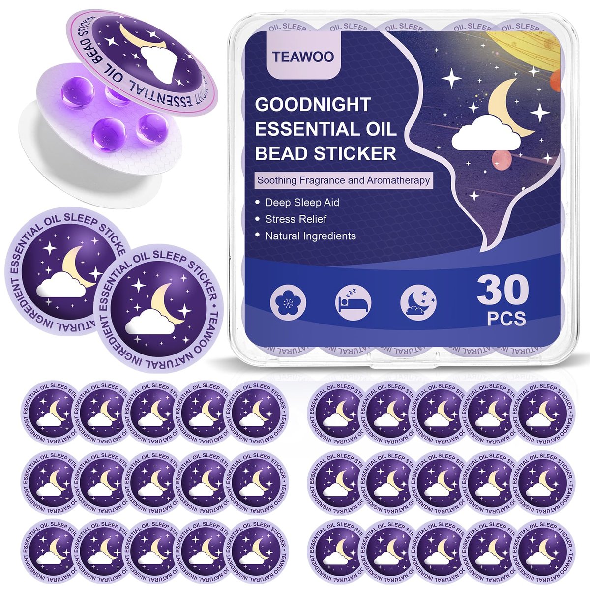 TEAWOO Kinder Schlafpflaster – Gute Nacht Schlaföl Perlen Aufkleber (30 Stück, für bis zu 120 Nächte) – Verbesserte Sweet Dream Formel mit 100% natürlichen Pflanzeninhaltsstoffen