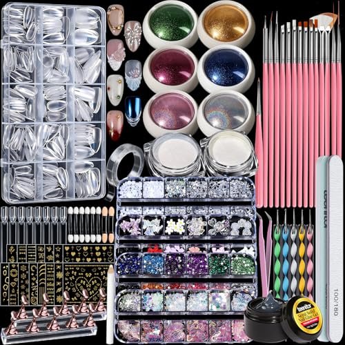 Teenitor Acryl-Nagelset mit Chrompulver, Mandelspitzen, Kunstpinseln, Charms, 3D-Gel, Werkzeugen, Ständer - Einsteigerset