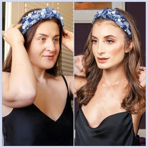 PACKOVE Geknotetes Jeans-Stirnband mit Perlen – Modisches Haarband für Damen