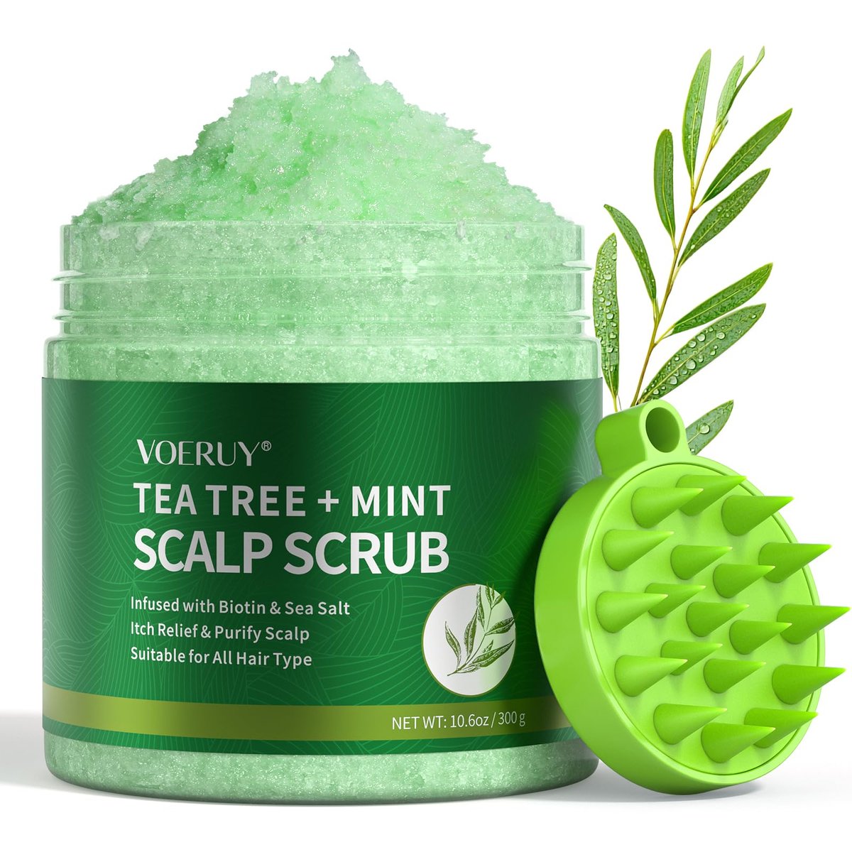VOERUY Scalp Scrub, Teebaum-Peeling für die Kopfhaut, 2-in-1 Kopfhautbehandlung mit Minzöl, klärendes Shampoo zur Entfernung von Ablagerungen, inkl. Silikon-Kopfhautmassagegerät, 10,6 oz (300 g)