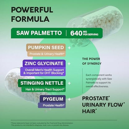 Saw Palmetto für Männer 640mg - Kürbiskern | Brennnessel | Zink & Pygeum - Prostata- & Blasengesundheit - DHT-Blocker & Haarunterstützung - 45% Fettsäuren, klinische Stärke - 120 Kapseln