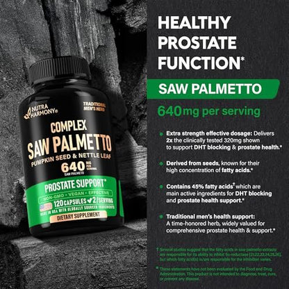 Saw Palmetto für Männer 640mg - Kürbiskern | Brennnessel | Zink & Pygeum - Prostata- & Blasengesundheit - DHT-Blocker & Haarunterstützung - 45% Fettsäuren, klinische Stärke - 120 Kapseln