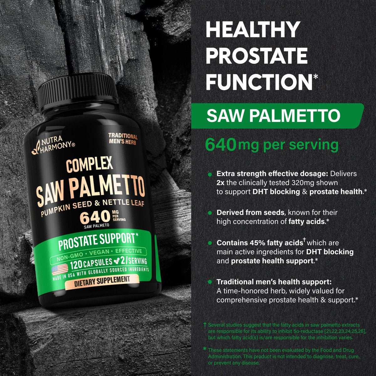 Saw Palmetto für Männer 640mg - Kürbiskern | Brennnessel | Zink & Pygeum - Prostata- & Blasengesundheit - DHT-Blocker & Haarunterstützung - 45% Fettsäuren, klinische Stärke - 120 Kapseln