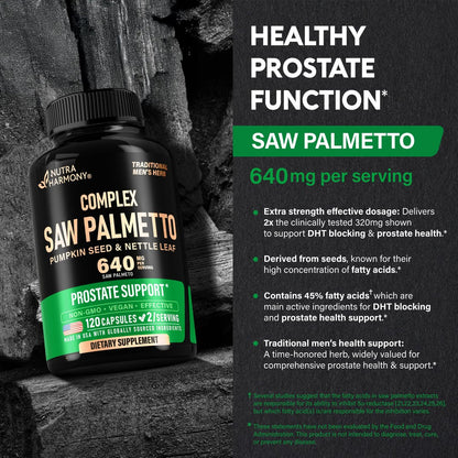 Saw Palmetto für Männer 640mg - Kürbiskern | Brennnessel | Zink & Pygeum - Prostata- & Blasengesundheit - DHT-Blocker & Haarunterstützung - 45% Fettsäuren, klinische Stärke - 120 Kapseln