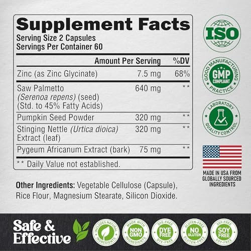 Saw Palmetto für Männer 640mg - Kürbiskern | Brennnessel | Zink & Pygeum - Prostata- & Blasengesundheit - DHT-Blocker & Haarunterstützung - 45% Fettsäuren, klinische Stärke - 120 Kapseln