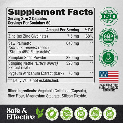 Saw Palmetto für Männer 640mg - Kürbiskern | Brennnessel | Zink & Pygeum - Prostata- & Blasengesundheit - DHT-Blocker & Haarunterstützung - 45% Fettsäuren, klinische Stärke - 120 Kapseln