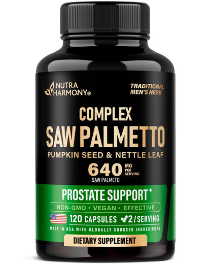 Saw Palmetto für Männer 640mg - Kürbiskern | Brennnessel | Zink & Pygeum - Prostata- & Blasengesundheit - DHT-Blocker & Haarunterstützung - 45% Fettsäuren, klinische Stärke - 120 Kapseln