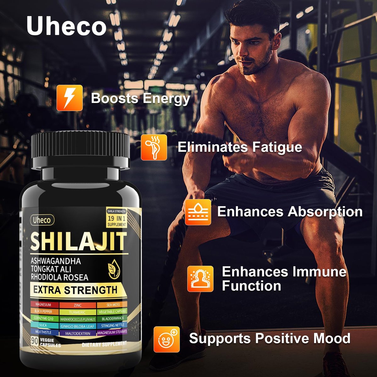 Uheco Shilajit Supplement – 19-in-1 Kapseln mit Seemoos, Ashwagandha, Tongkat Ali und Fulvinsäure – 90 Kapseln