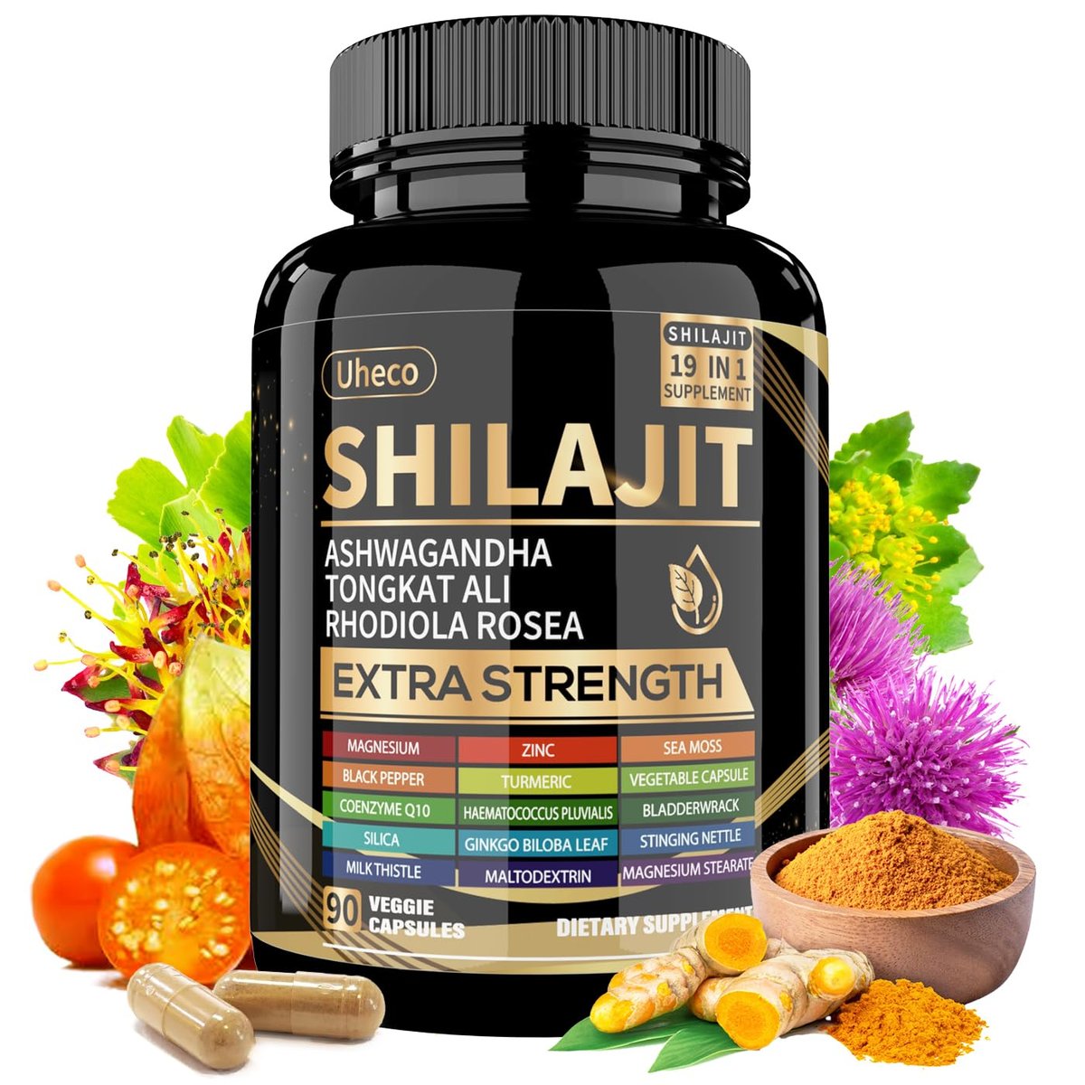 Uheco Shilajit Supplement – 19-in-1 Kapseln mit Seemoos, Ashwagandha, Tongkat Ali und Fulvinsäure – 90 Kapseln
