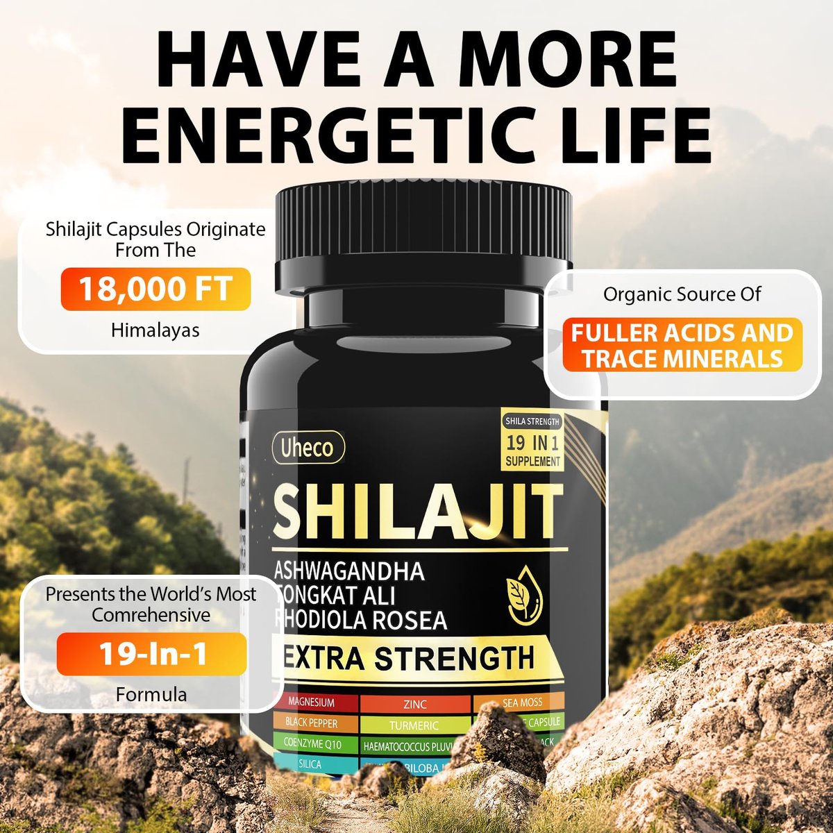 Uheco Shilajit Supplement – 19-in-1 Kapseln mit Seemoos, Ashwagandha, Tongkat Ali und Fulvinsäure – 90 Kapseln