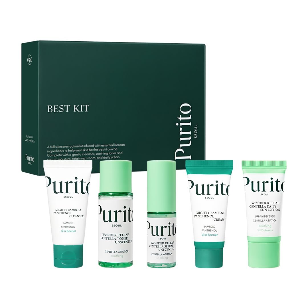 PURITO SEOUL Best Kit – Komplette Hautpflege-Routine mit Panthenol-Reiniger & Creme, Unparfümierte Centella-Serum & Toner, für alle Hauttypen, Geschenkset, K-Beauty, 3,52 fl. oz.