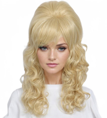 Linfairy Lange Lockige Blonde Mischhaar Perücke Big Bouffant Beehive Perücken für Frauen passend zu 50er 80er Kostüm