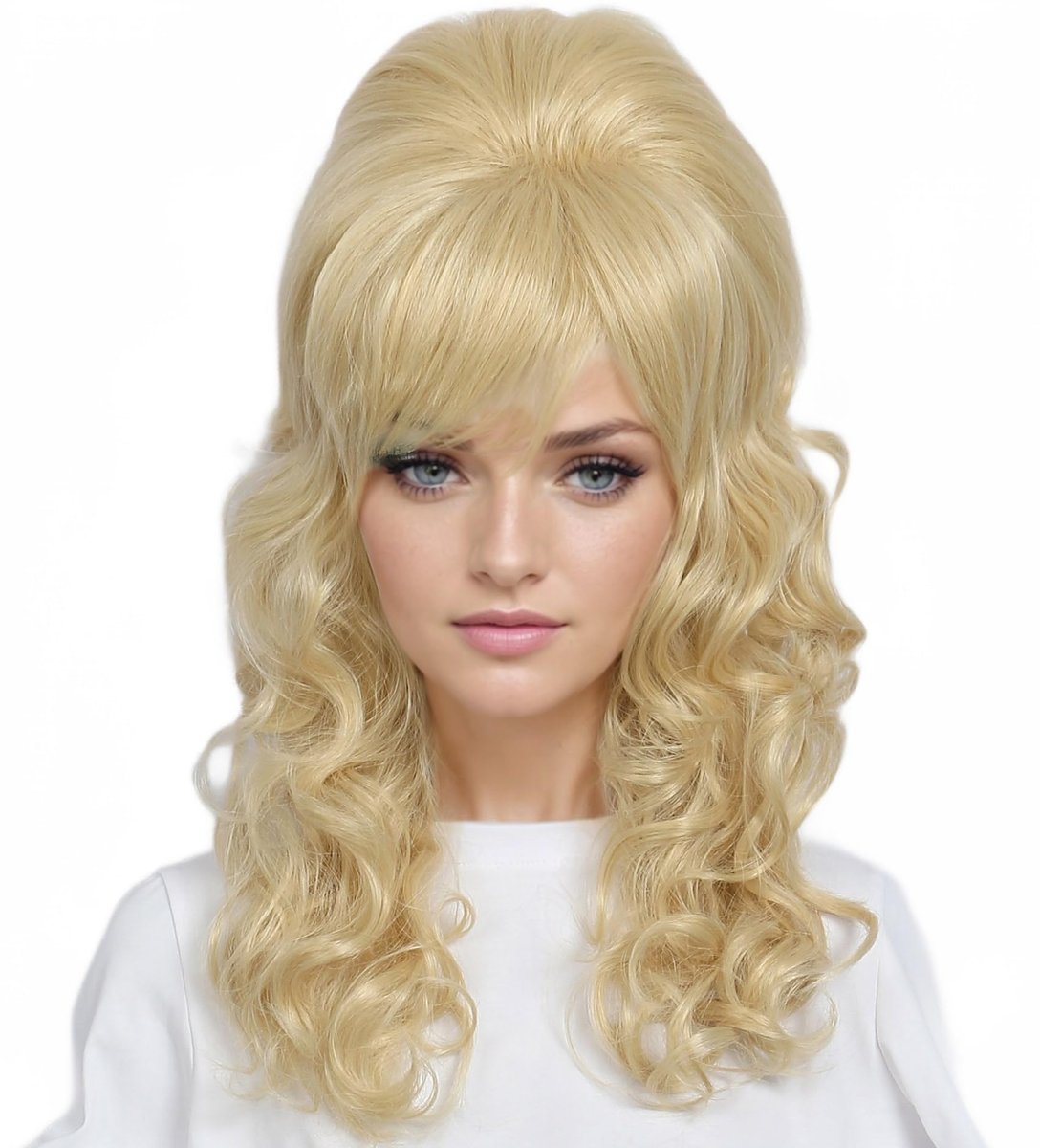 Linfairy Lange Lockige Blonde Mischhaar Perücke Big Bouffant Beehive Perücken für Frauen passend zu 50er 80er Kostüm
