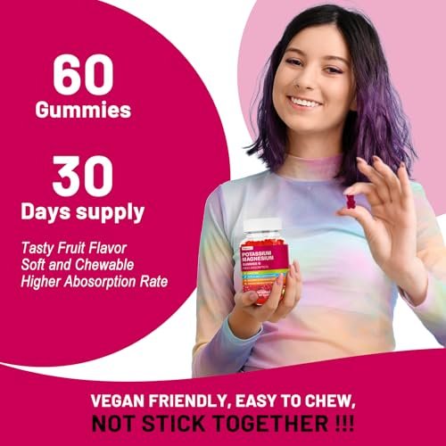 Kalium Magnesium Gummibärchen – Magnesiumglycinat, B6, D3 & Kaliumcitrat gegen Wadenkrämpfe, Muskeln, Elektrolyte für Erwachsene und Kinder, zuckerfrei – 60 Himbeer-Gummis