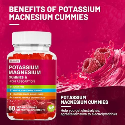 Kalium Magnesium Gummibärchen – Magnesiumglycinat, B6, D3 & Kaliumcitrat gegen Wadenkrämpfe, Muskeln, Elektrolyte für Erwachsene und Kinder, zuckerfrei – 60 Himbeer-Gummis