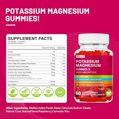 Kalium Magnesium Gummibärchen – Magnesiumglycinat, B6, D3 & Kaliumcitrat gegen Wadenkrämpfe, Muskeln, Elektrolyte für Erwachsene und Kinder, zuckerfrei – 60 Himbeer-Gummis