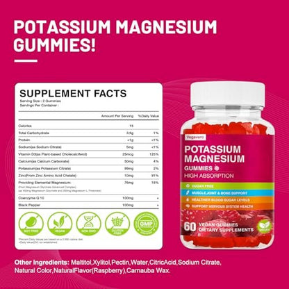 Kalium Magnesium Gummibärchen – Magnesiumglycinat, B6, D3 & Kaliumcitrat gegen Wadenkrämpfe, Muskeln, Elektrolyte für Erwachsene und Kinder, zuckerfrei – 60 Himbeer-Gummis