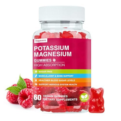 Kalium Magnesium Gummibärchen – Magnesiumglycinat, B6, D3 & Kaliumcitrat gegen Wadenkrämpfe, Muskeln, Elektrolyte für Erwachsene und Kinder, zuckerfrei – 60 Himbeer-Gummis