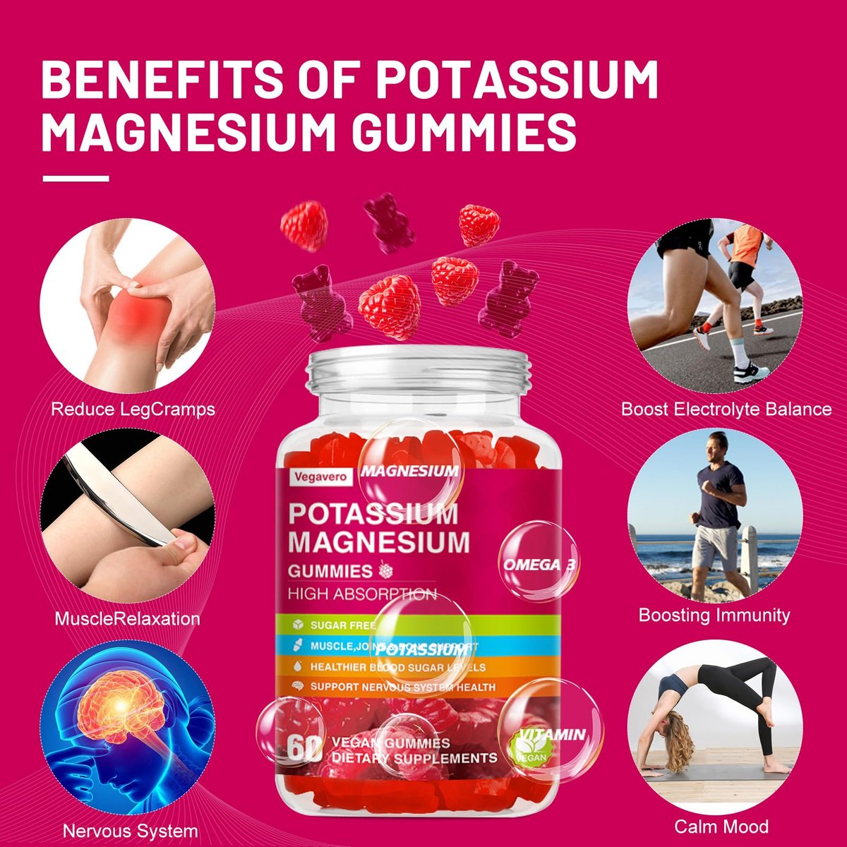 Kalium Magnesium Gummibärchen – Magnesiumglycinat, B6, D3 & Kaliumcitrat gegen Wadenkrämpfe, Muskeln, Elektrolyte für Erwachsene und Kinder, zuckerfrei – 60 Himbeer-Gummis