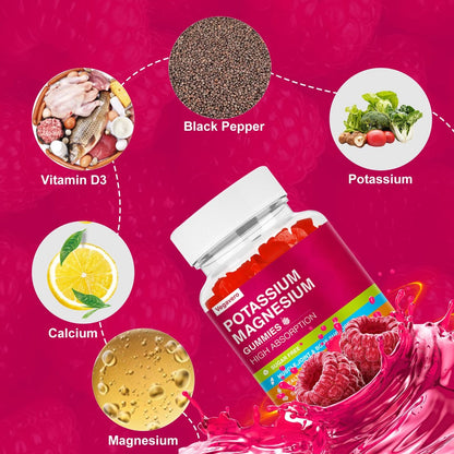 Kalium Magnesium Gummibärchen – Magnesiumglycinat, B6, D3 & Kaliumcitrat gegen Wadenkrämpfe, Muskeln, Elektrolyte für Erwachsene und Kinder, zuckerfrei – 60 Himbeer-Gummis