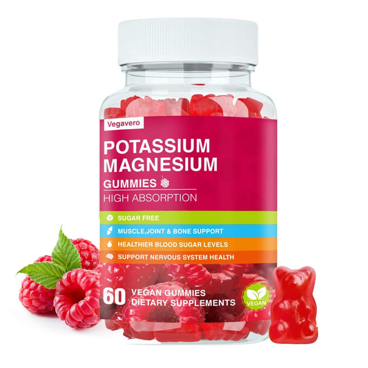 Kalium Magnesium Gummibärchen – Magnesiumglycinat, B6, D3 & Kaliumcitrat gegen Wadenkrämpfe, Muskeln, Elektrolyte für Erwachsene und Kinder, zuckerfrei – 60 Himbeer-Gummis