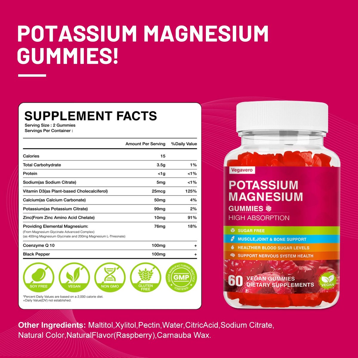 Kalium Magnesium Gummibärchen – Magnesiumglycinat, B6, D3 & Kaliumcitrat gegen Wadenkrämpfe, Muskeln, Elektrolyte für Erwachsene und Kinder, zuckerfrei – 60 Himbeer-Gummis