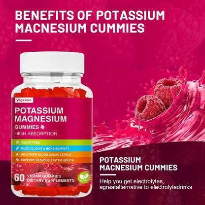 Kalium Magnesium Gummibärchen – Magnesiumglycinat, B6, D3 & Kaliumcitrat gegen Wadenkrämpfe, Muskeln, Elektrolyte für Erwachsene und Kinder, zuckerfrei – 60 Himbeer-Gummis
