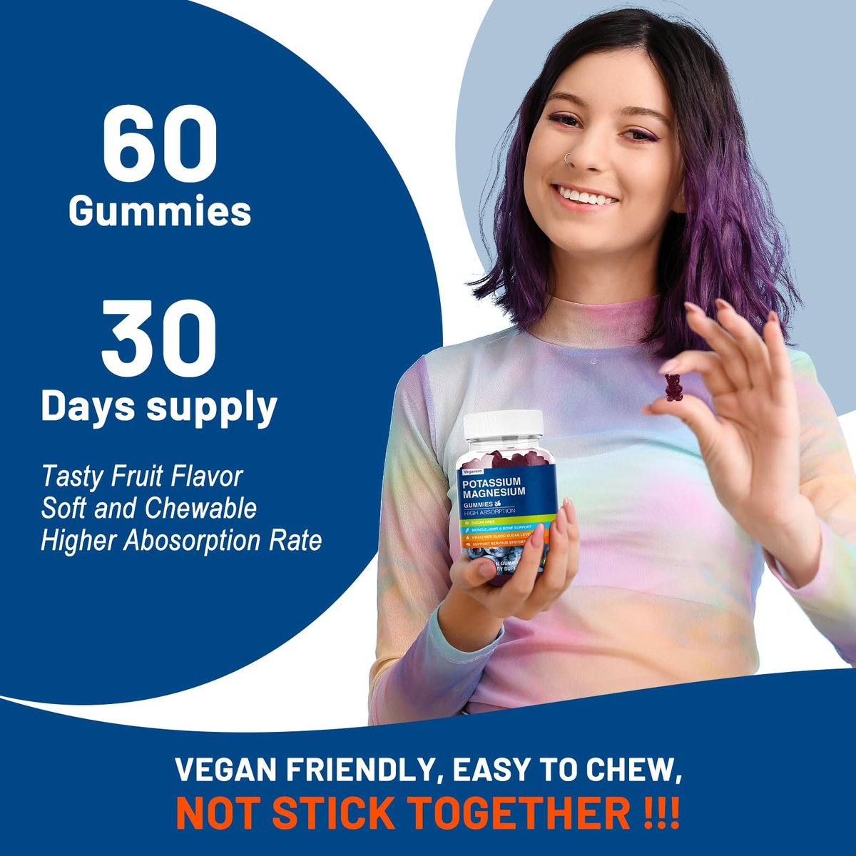 Kalium Magnesium Gummibärchen - Magnesiumglycinat B6, D3 & Kaliumcitrat gegen Wadenkrämpfe, Muskeln, Elektrolyte für Erwachsene & Kinder - Zuckerfrei - 60 Blaubeer-Gummis
